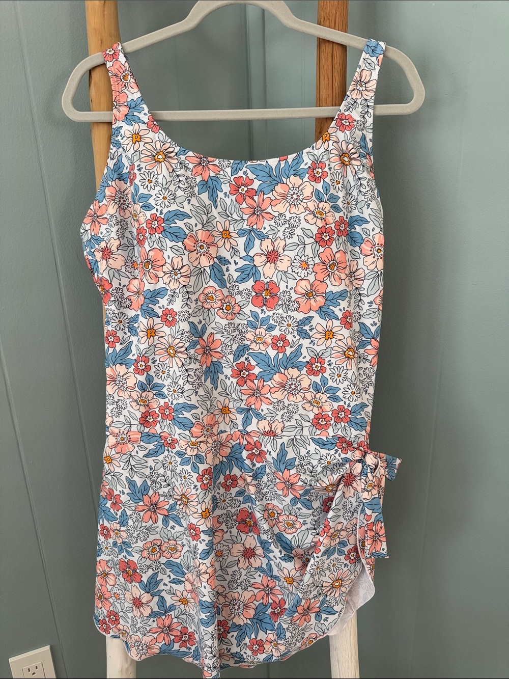 EOMENIE Blue Coral White Tummy Control One Piece Swimsuit Swimdress ~ 2XL 16W